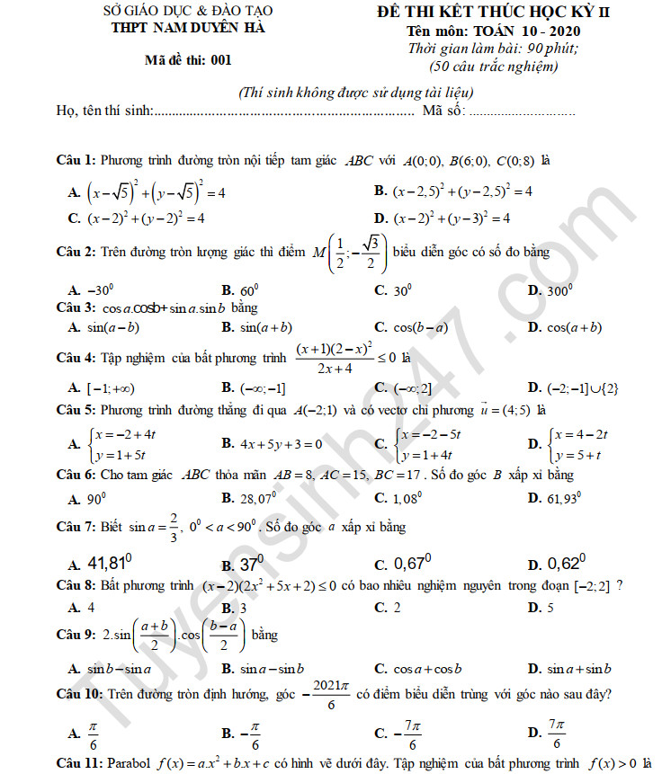 Đề thi học kì 2 năm 2020 môn Toán lớp 10 THPT Nam Duyên Hà 