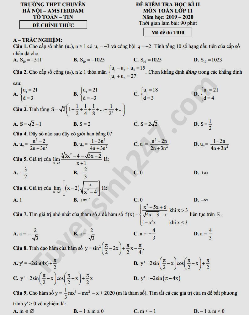 Đề thi học kì 2 THPT chuyên Amsterdam năm 2020 môn Toán lớp 11