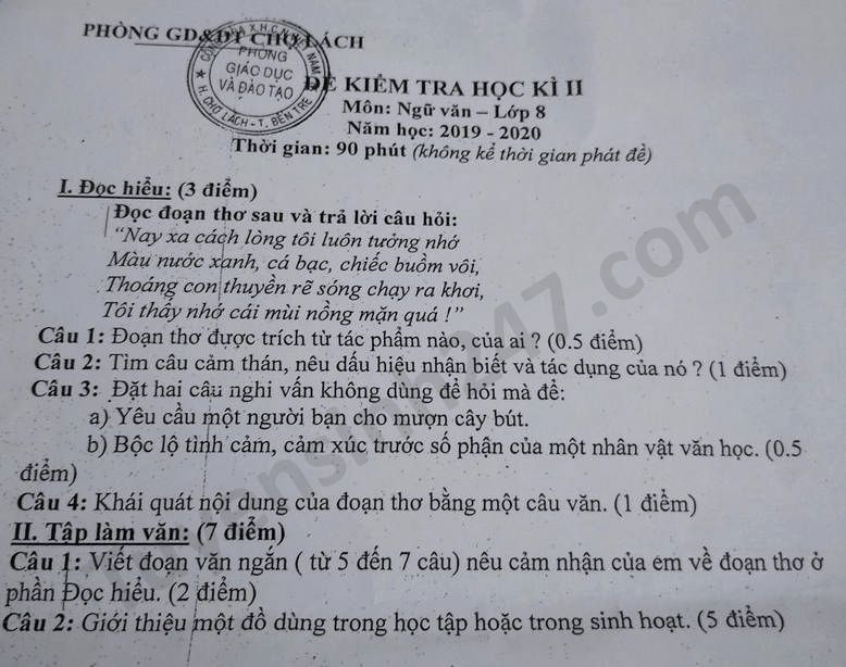 Đề thi học kì 2 năm 2020 Phòng GD Chợ Lách môn Văn lớp 8 