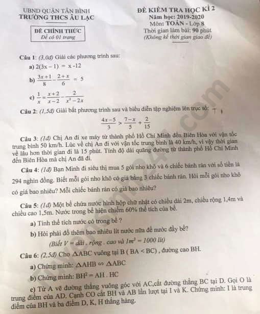 Đề thi học kì 2 lớp 8 môn Toán năm 2020 THCS Âu Lạc 