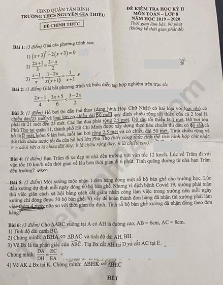 Đề thi học kì 2 lớp 8 môn Toán năm 2020 THCS Nguyễn Gia Thiều 