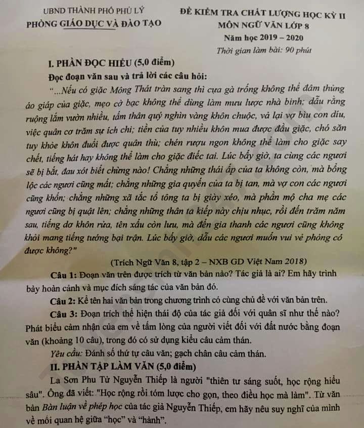 Đề thi học kì 2 môn Văn lớp 8 TP Phủ Lý năm 2020 