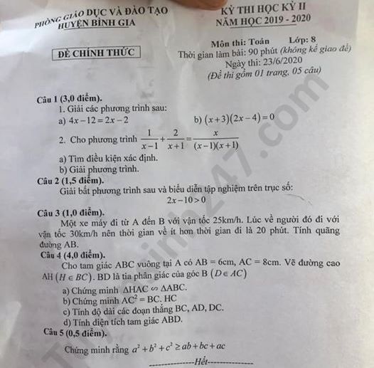 Đề thi học kì 2 năm 2020 môn Toán lớp 8 Phòng GD Bình Gia 