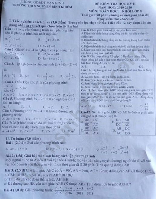 Đề thi học kì 2 năm 2020 môn Toán lớp 8 THCS Nguyễn Bỉnh Khiêm 