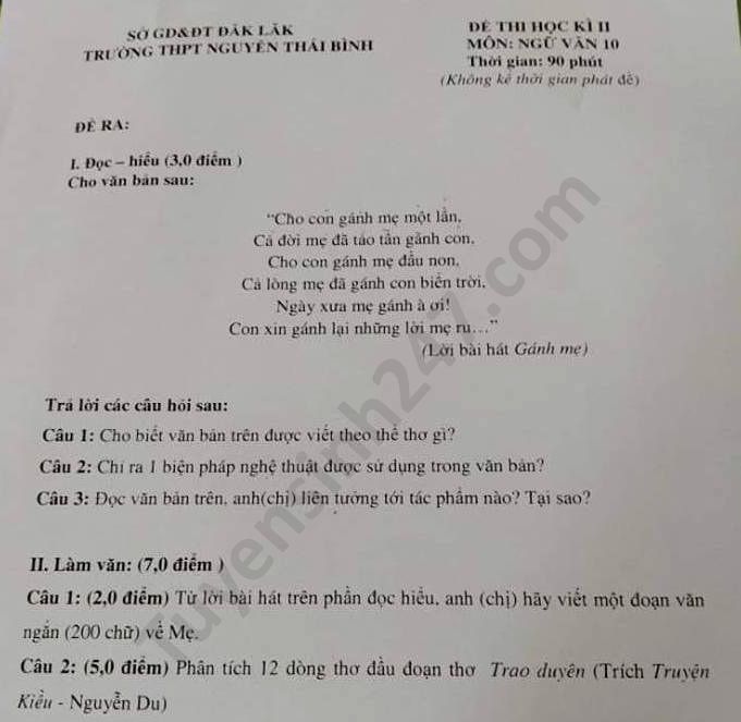 Đề thi học kì 2 môn Văn lớp 10 THPT Nguyễn Thái Bình năm 2020 