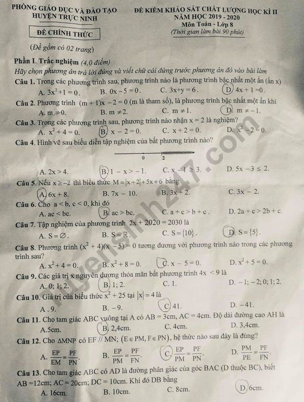 Đề thi kì 2 môn Toán lớp 8 năm 2020 - Phòng GD Trực Ninh