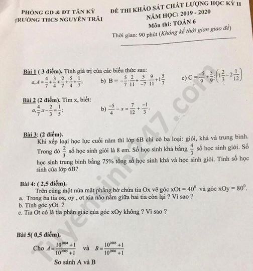 Đề thi học kì 2 Toán lớp 6 THCS Nguyễn Trãi năm 2020