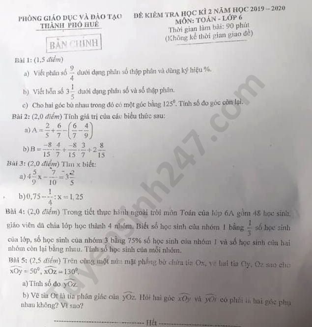 Đề thi học kì 2 Phòng GD TP Huế năm 2020 môn Toán lớp 6 