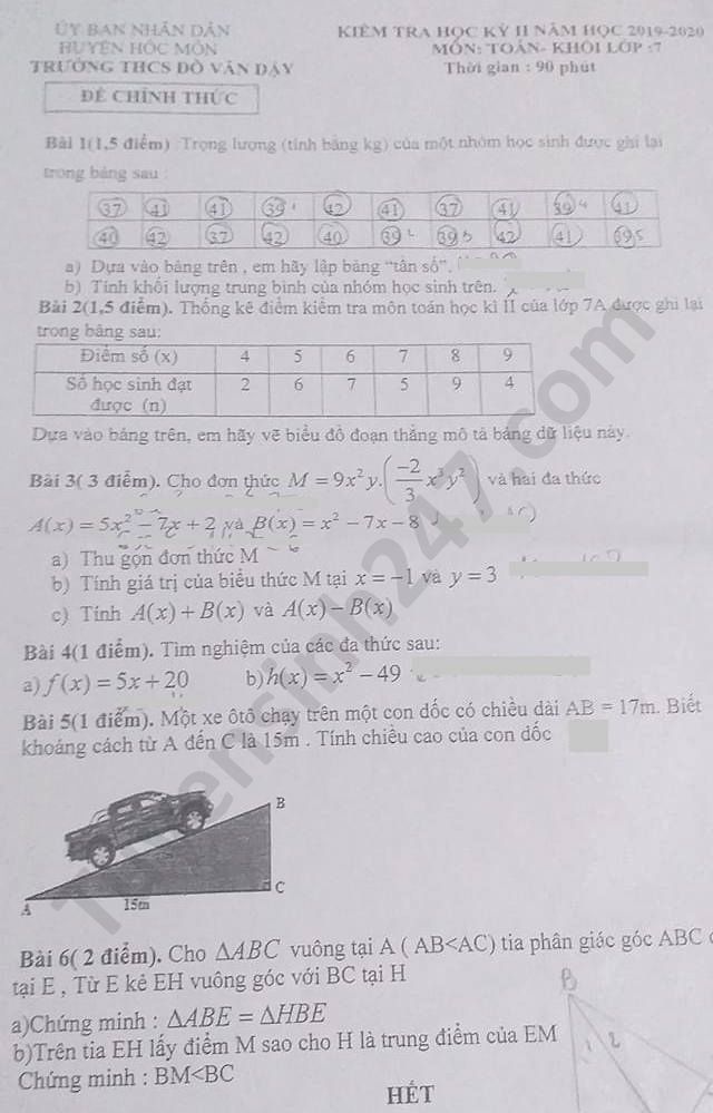 Đề thi học kì 2 môn Toán lớp 7 THCS Đỗ Văn Dậy năm 2020 