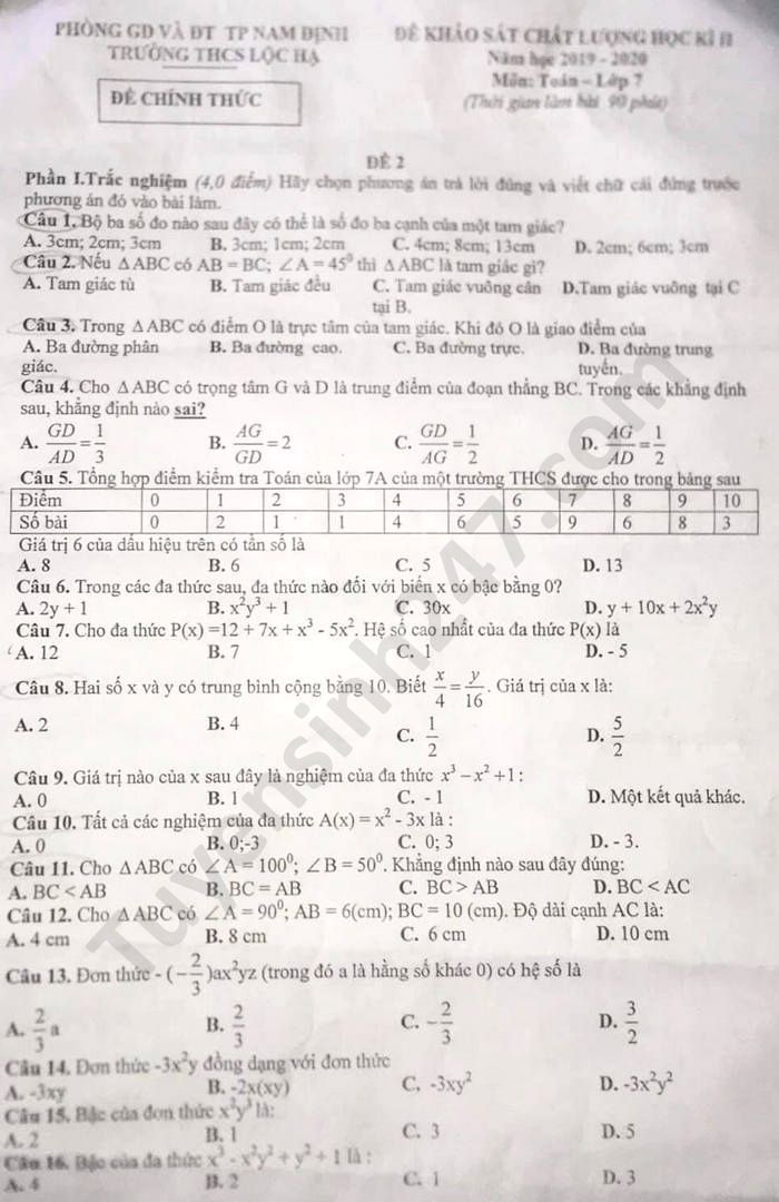 Đề thi học kì 2 môn Toán lớp 7 THCS Lộc Hạ năm 2020 