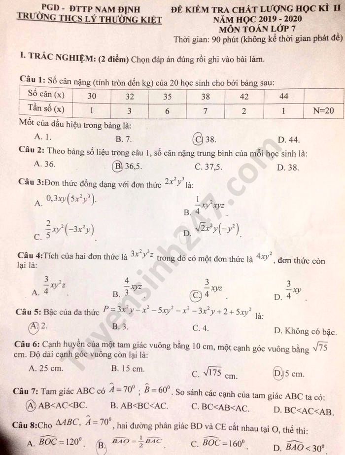 Đề thi học kì 2 môn Toán lớp 7 THCS Lý Thường Kiệt năm 2020 