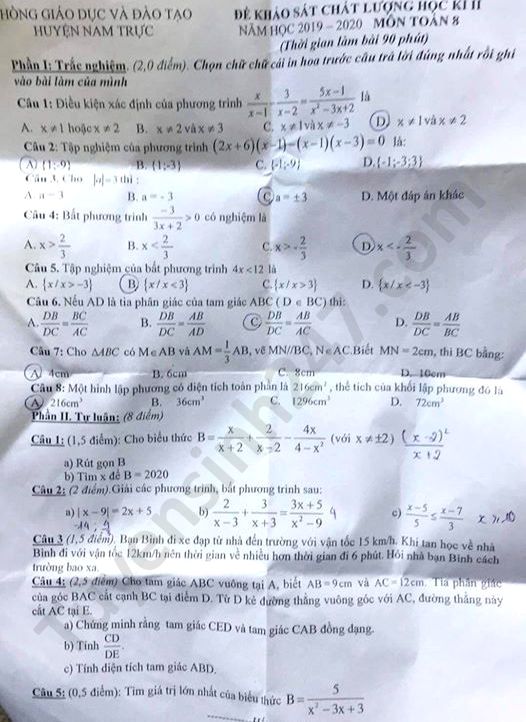 Đề thi học kì 2 lớp 8 huyện Nam Trực môn Toán năm 2020 