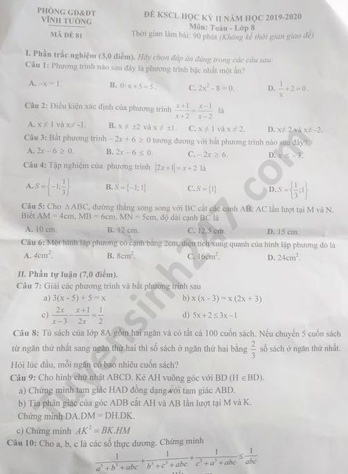 Đề thi học kì 2 môn Toán lớp 8 Phòng GD Vĩnh Tường năm 2020 