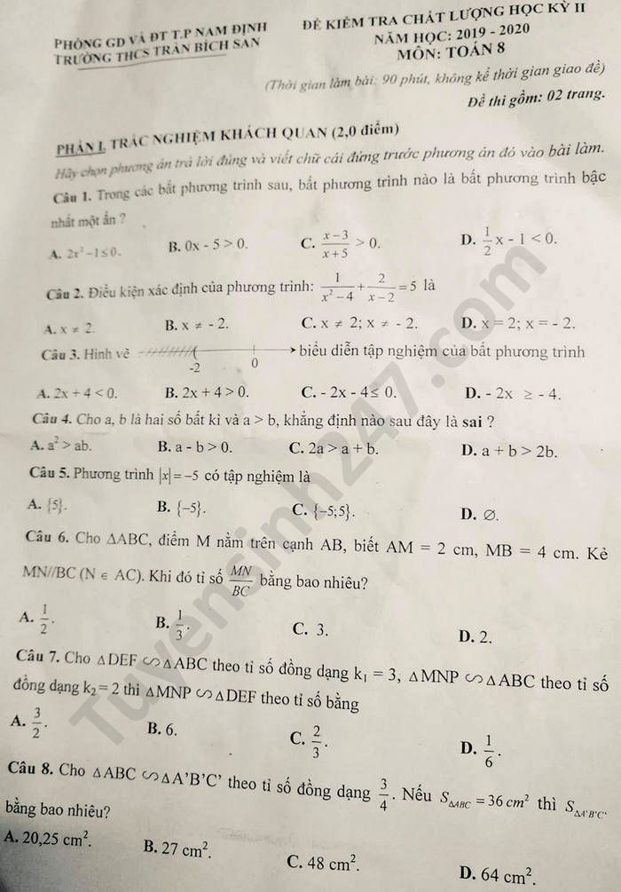 Đề thi học kì 2 môn Toán lớp 8 THCS Trần Bích San năm 2020 