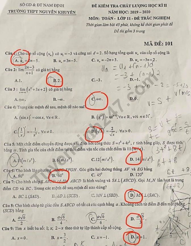 Đề thi kì 2 lớp 11 môn Toán 2020 - THPT Nguyễn Khuyến