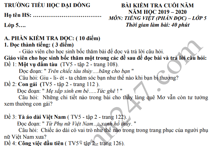 Đề thi kì 2 môn Tiếng Việt lớp 5 - TH Đại Đồng 2020
