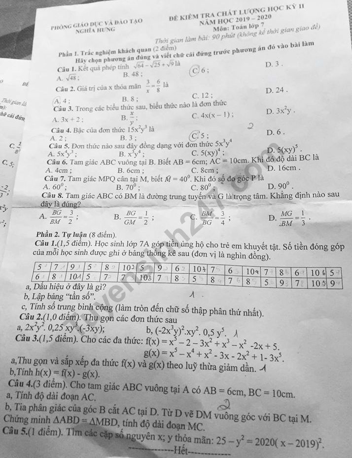 Đề thi kì 2 lớp 7 môn Toán 2020 - Phòng GD Nghĩa Hưng