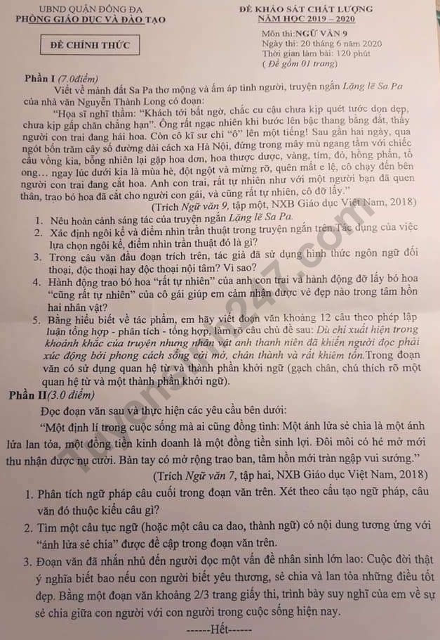 Đề thi kì 2 môn Văn lớp 9 năm 2020 - Quận Đống Đa