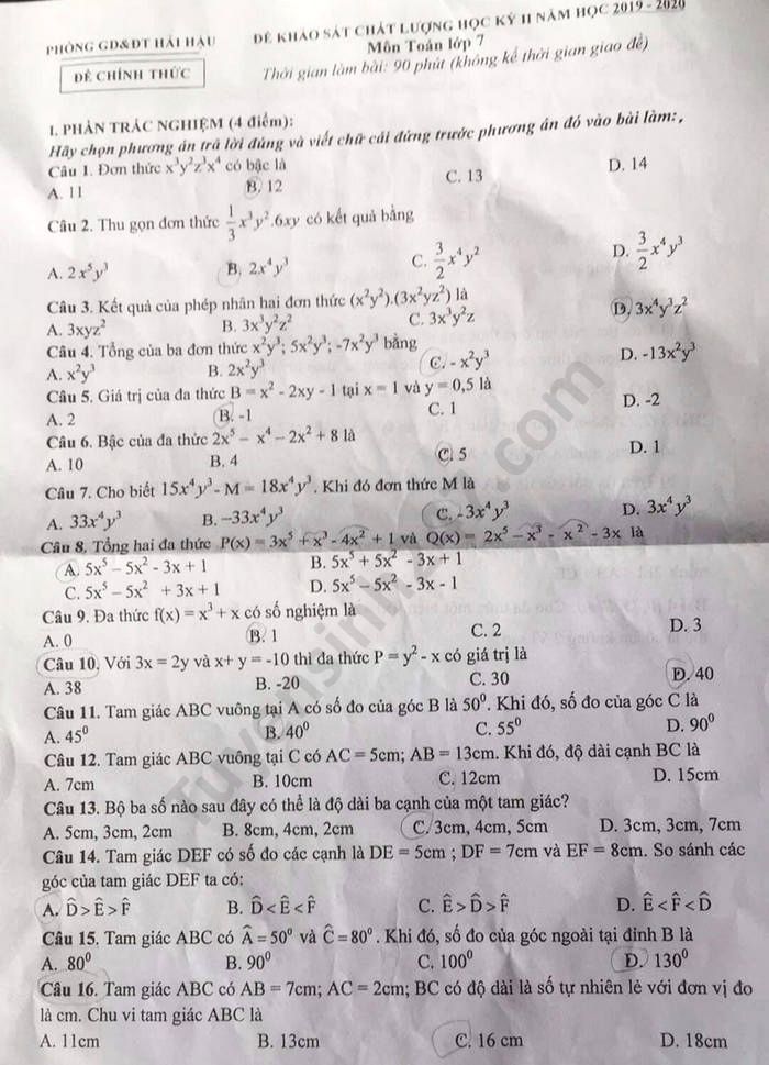 Đề thi học kì 2 môn Toán lớp 7 huyện Hải Hậu năm 2020 