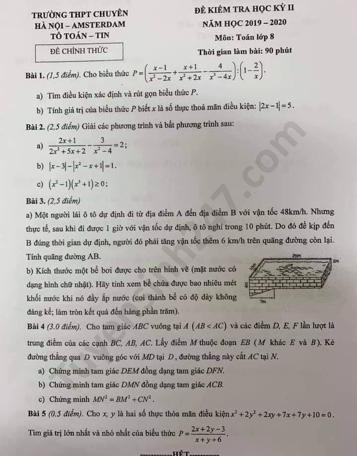 Đề thi học kì 2 môn Toán lớp 8 năm 2020 THPT chuyên Amsterdam