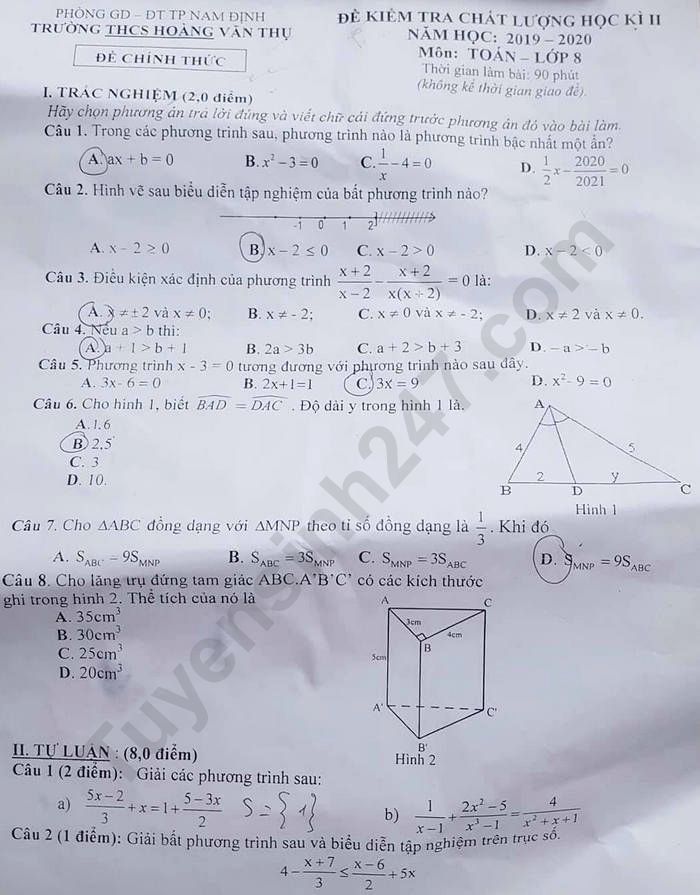 Đề thi học kì 2 THCS Hoàng Văn Thụ năm 2020 môn Toán lớp 8 