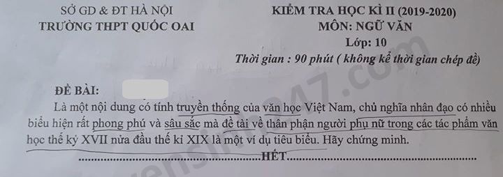 Đề thi học kì 2 THPT Quốc Oai năm 2020 môn Văn lớp 10 