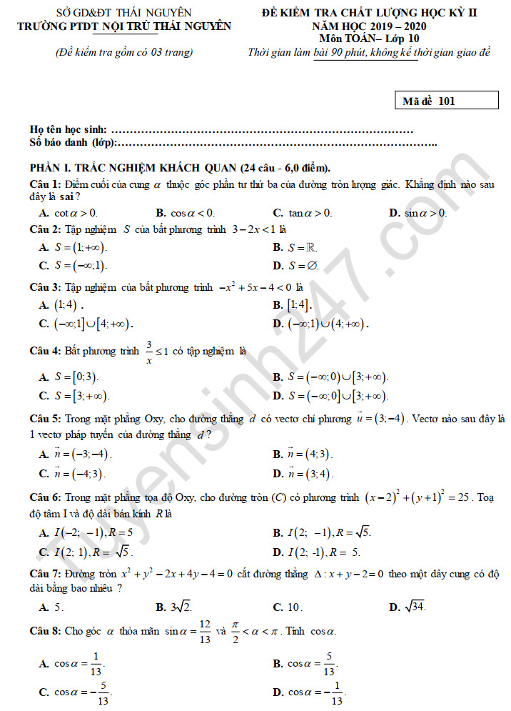 Đề thi học kì 2 năm 2020 môn Toán lớp 10 PTDT NT Thái Nguyên 