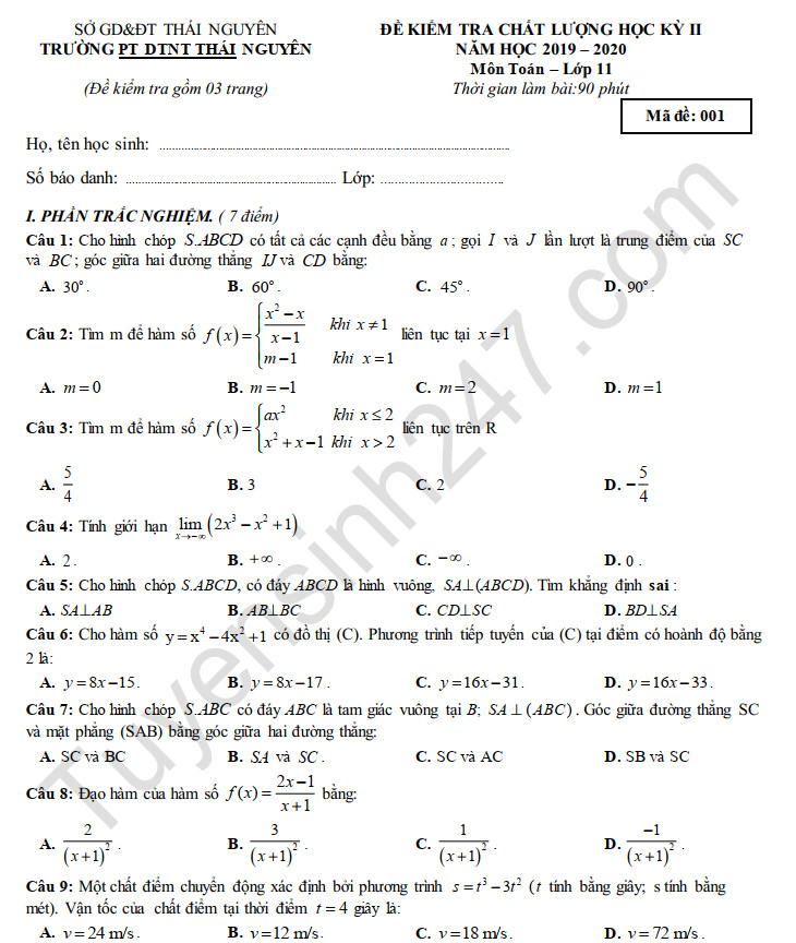 Đề thi học kì 2 năm 2020 môn Toán lớp 11 PTDTNT Thái Nguyên 