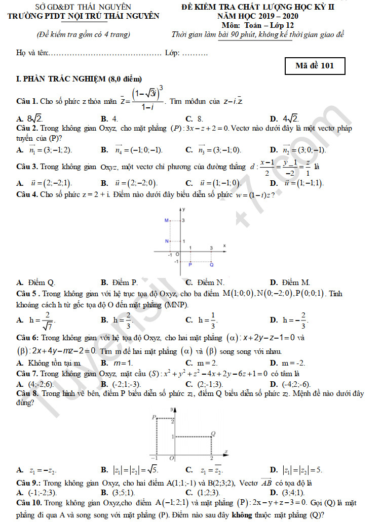 Đề thi học kì 2 năm 2020 PTDTNT Thái Nguyên môn Toán lớp 12