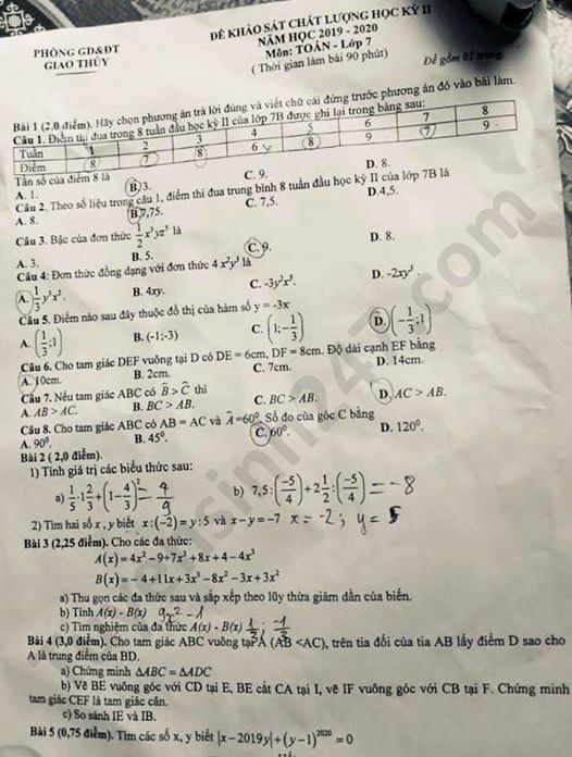 Đề thi học kì 2 lớp 7 môn Toán năm 2020 Phòng GD Giao Thủy