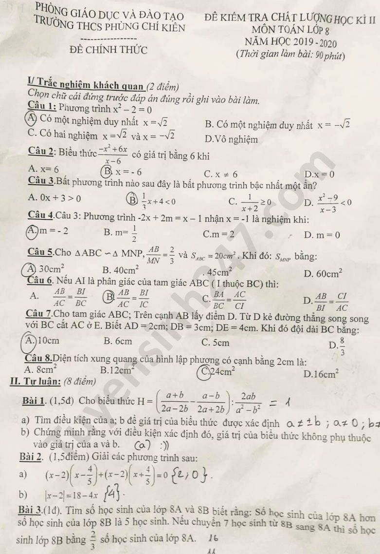 Đề thi học kì 2 năm 2020 môn Toán lớp 8 THCS Phùng Chí Kiên 