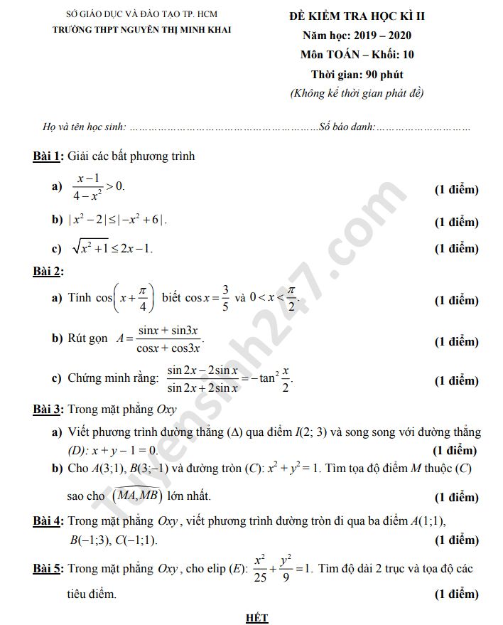 Đề thi học kì 2 năm 2020 môn Toán lớp 10 THPT Nguyễn Thị Minh Khai 