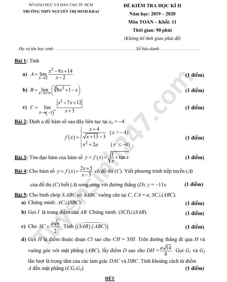 Đề thi học kì 2 THPT Nguyễn Thị Minh Khai năm 2020 môn Toán lớp 11 