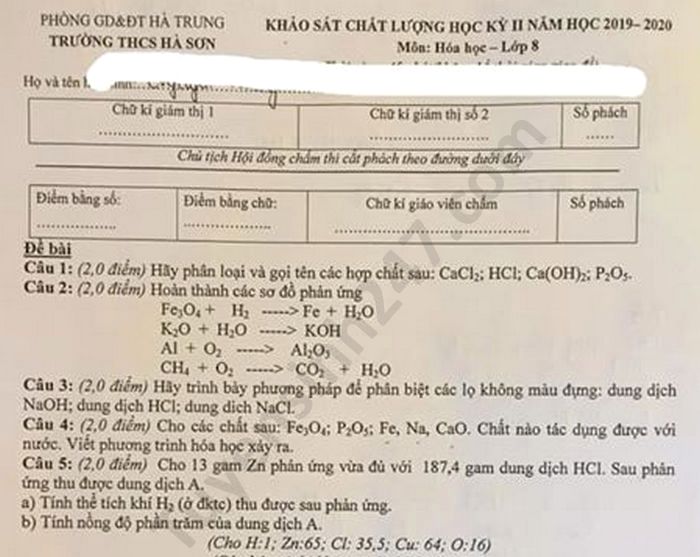 Đề thi học kì 2 THCS Hà Sơn năm 2020 môn Hóa lớp 8