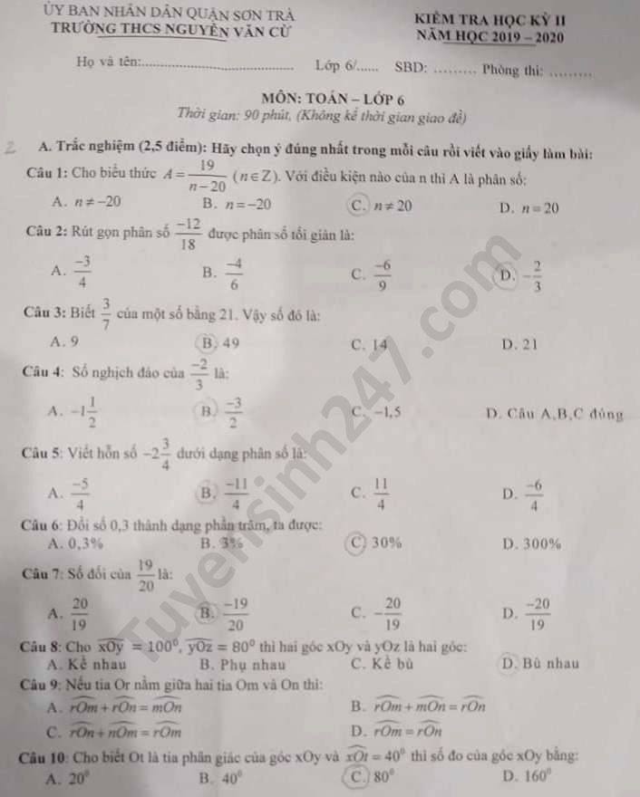 Đề thi học kì 2 năm 2020 môn Toán lớp 6 THCS Nguyễn Văn Cừ 