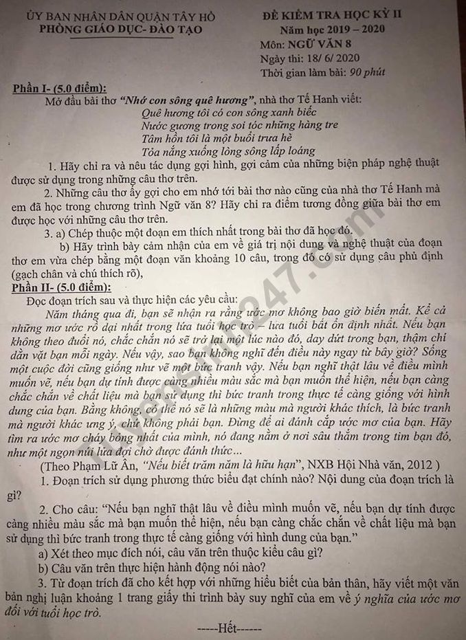 Đề thi kì 2 lớp 8 môn Văn - Quận Tây Hồ năm 2020