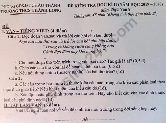 Đề kiểm tra kì 2 môn Văn lớp 8 - THCS Thành Long 2020