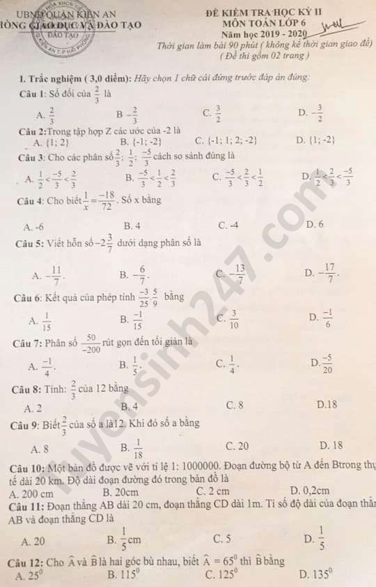 Đề thi học kì 2 môn Toán lớp 6 Phòng GD Quận Kiến An năm 2020