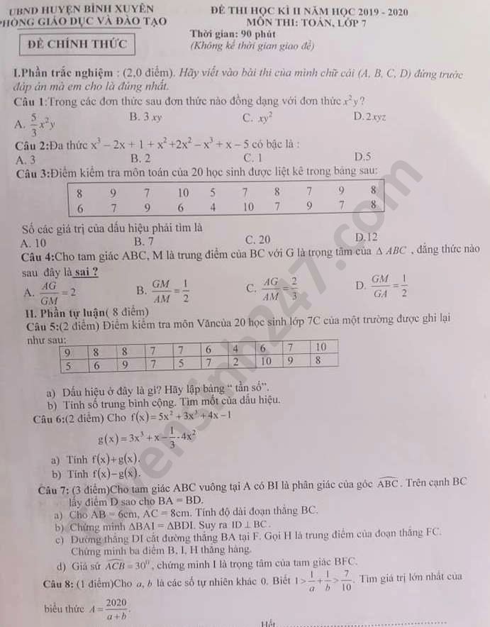 Đề thi học kì 2 năm 2020 môn Toán lớp 7 huyện Bình Xuyên 2020