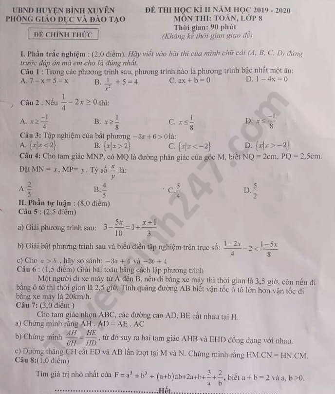 Đề thi học kì 2 môn Toán lớp 8 huyện Bình Xuyên năm 2020