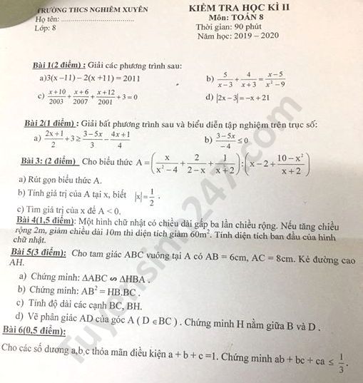 Đề thi học kì 2 môn Toán lớp 8 THCS Nghiêm Xuyên năm 2020