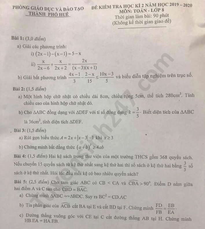 Đề thi học kì 2 Phòng GD TP Huế năm 2020 môn Toán lớp 8