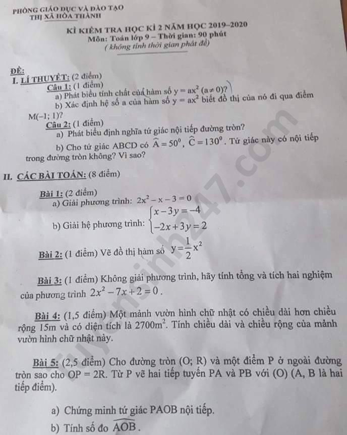 Đề thi học kì 2 năm 2020 môn Toán lớp 9 TX Hòa Thành 