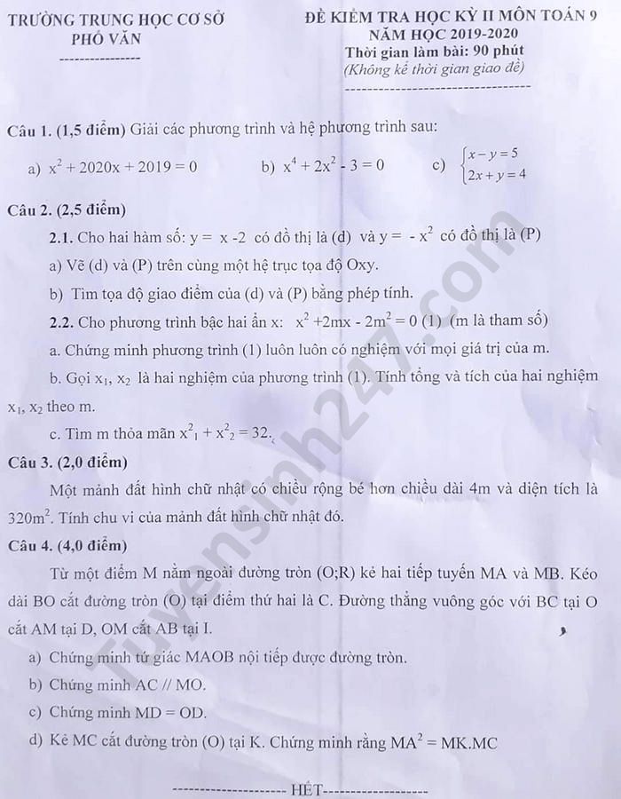 Đề thi học kì 2 THCS Phổ Văn năm 2020 môn Toán lớp 9
