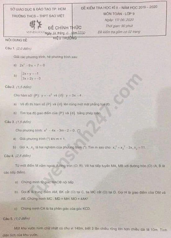 Đề thi học kì 2 THCS-THPT Sao Việt môn Toán lớp 9 năm 2020