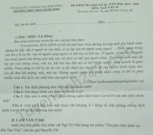 Đề thi học kì 2 môn Văn lớp 10 THPT Trần Hưng Đạo năm 2020