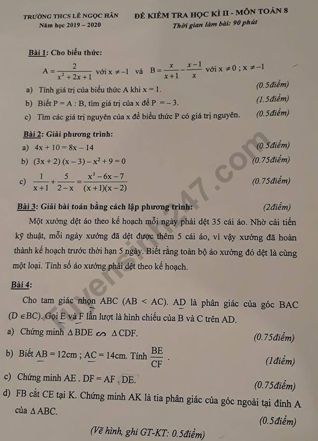 Đề thi kì 2 lớp 8 môn Toán - THCS Lê Ngọc Hân 2020