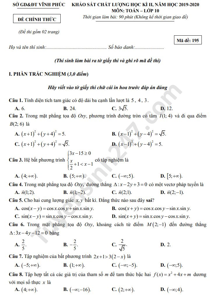 Đề thi học kì 2 Sở GD Vĩnh Phúc môn Toán lớp 10 năm 2020