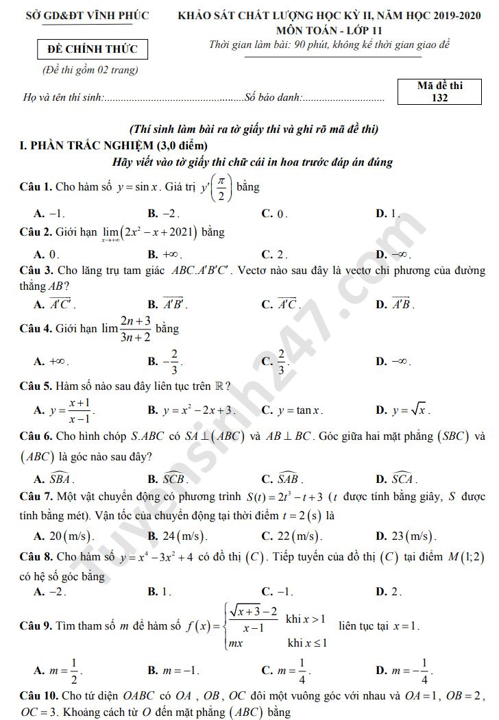 Đề thi học kì 2 môn Toán lớp 11 năm 2020 Sở GD Vĩnh Phúc 