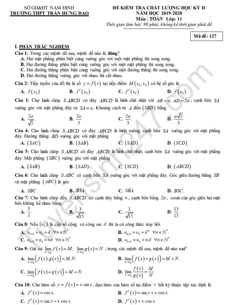 Đề thi học kì 2 môn Toán lớp 11 THPT Trần Hưng Đạo năm 2020
